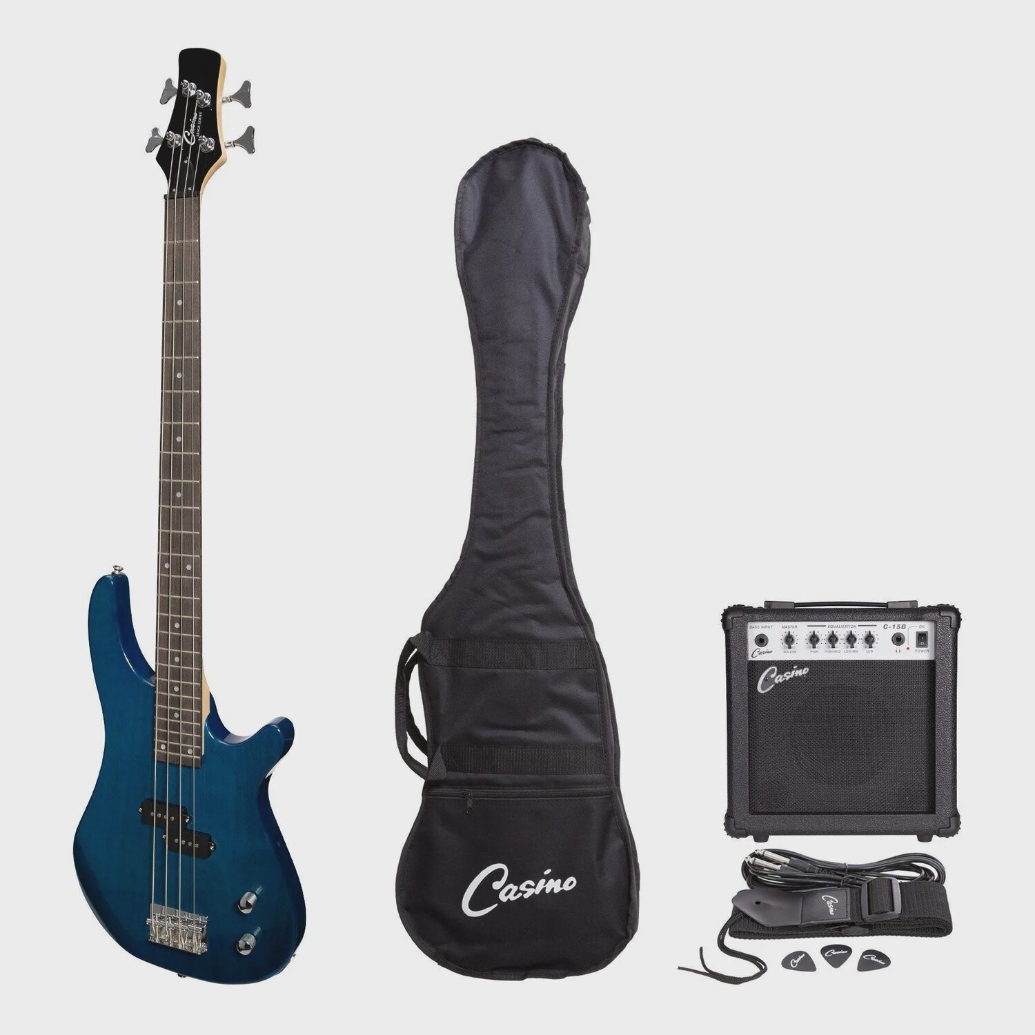 Casino &#39;24 Series&#39; Tune-Style Electric Bass Guitar and 15 Watt Amplifier Pack (Transparent Blue)