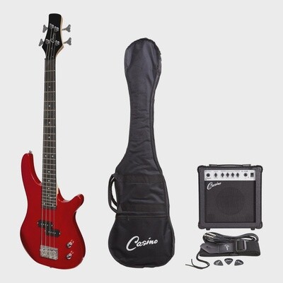 Casino &#39;24 Series&#39; Short Scale Tune-Style Electric Bass Guitar and 15 Watt Amplifier Pack (Transparent Wine Red)
