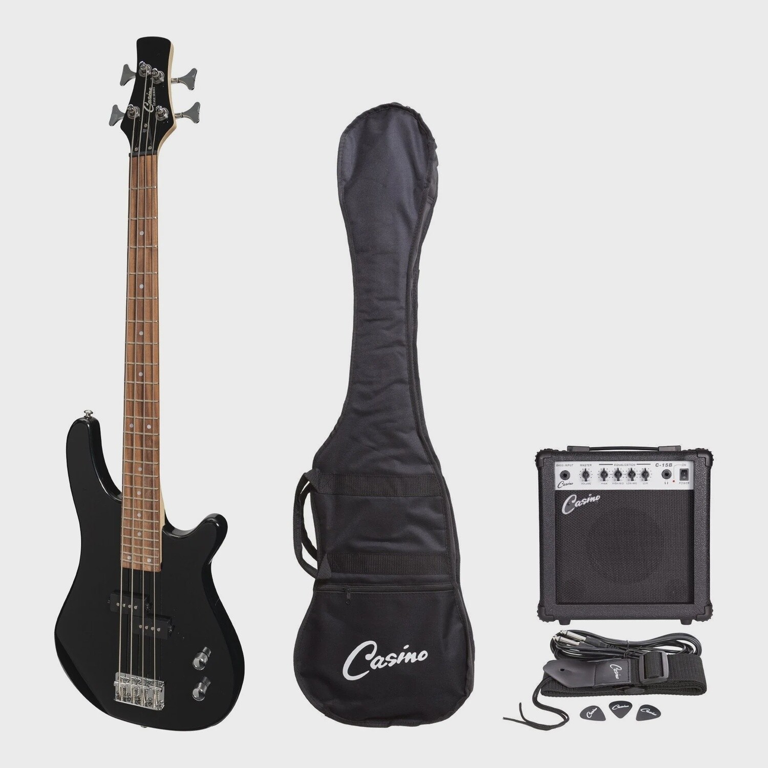 Casino &#39;24 Series&#39; Short Scale Tune-Style Electric Bass Guitar and 15 Watt Amplifier Pack (Black)
