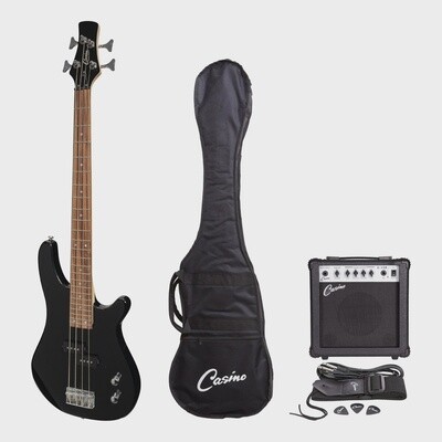 Casino &#39;24 Series&#39; Short Scale Tune-Style Electric Bass Guitar and 15 Watt Amplifier Pack (Black)