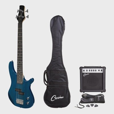 Casino &#39;24 Series&#39; Short Scale Tune-Style Electric Bass Guitar and 15 Watt Amplifier Pack (Transparent Blue)