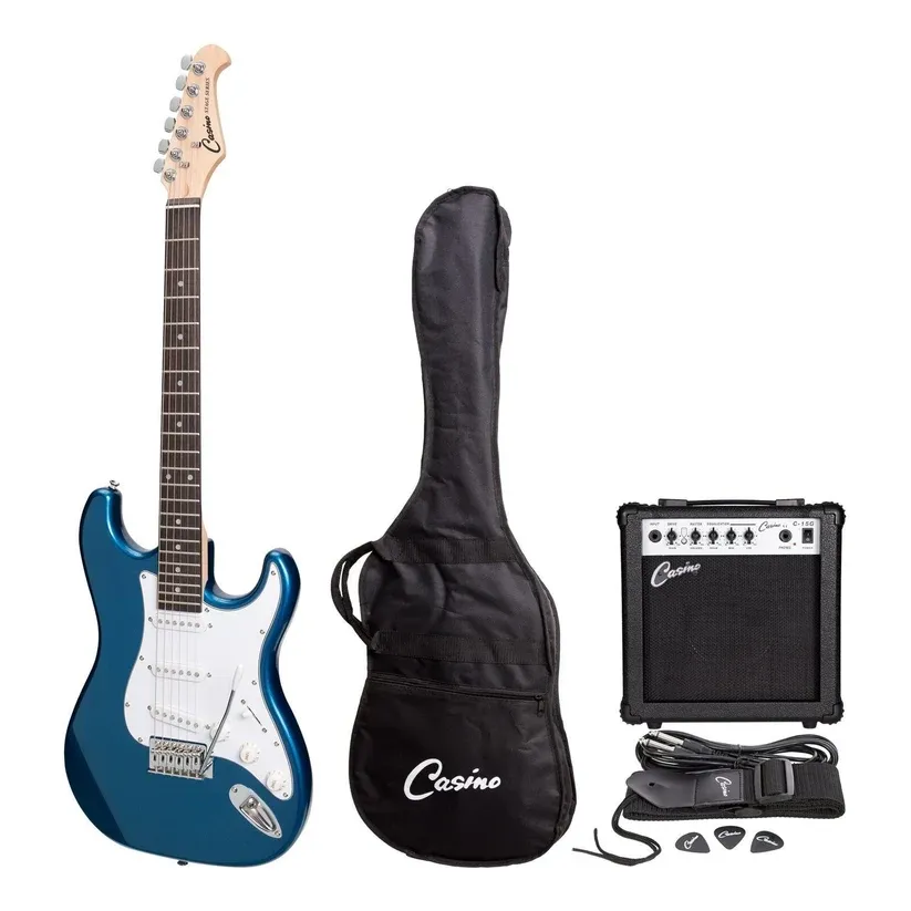 Casino ST Style Electric Guitar &amp; 10w Amp Pack Blue Metallic