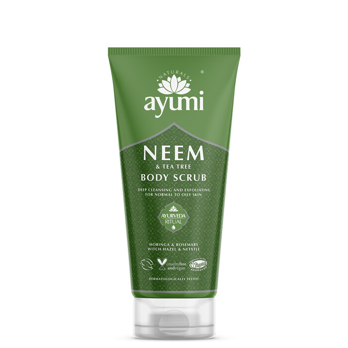 AYUMI piling za telo ČAJEVEC &amp; NIM &amp; PEŠKE OLIV &amp; LAVA 200 ml