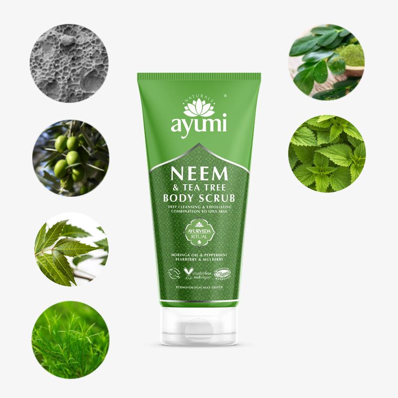 AYUMI piling za telo ČAJEVEC &amp; NIM &amp; PEŠKE OLIV &amp; LAVA 200 ml