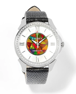 GEMXX Ammolite & Mother of Pearl 40mm Watch With Black Leather Strap