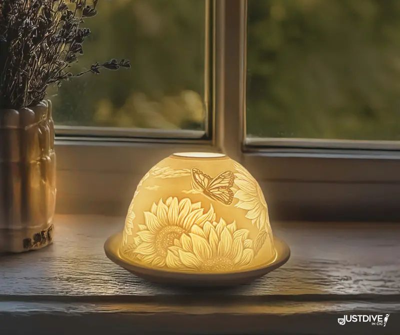 Sunflower & Butterfly Glow – Porcelain Tealight Dome