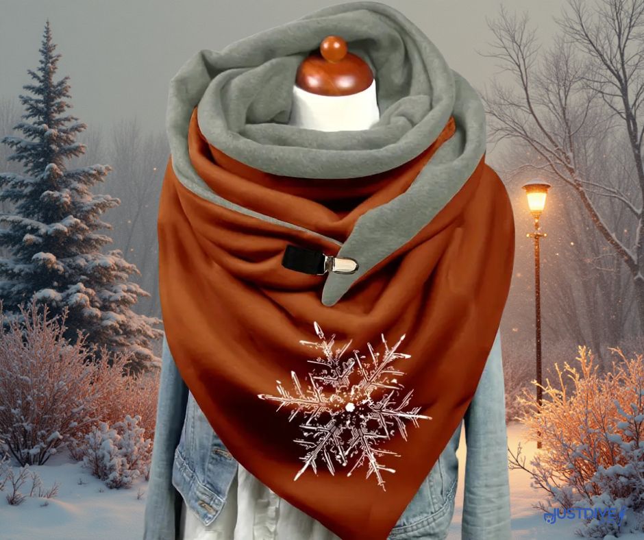 Umber & Snowflake Wrap Scarf – Winter Warmth with a Spark