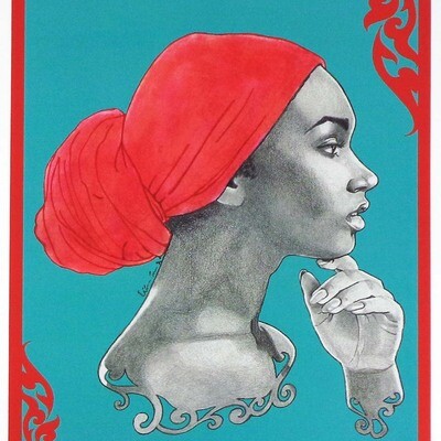 Red Headwrap (w/border and teal) print RICE50