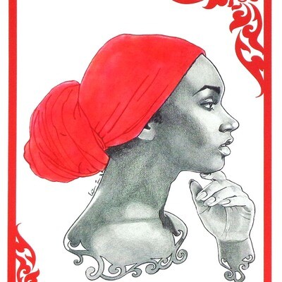 Red Headwrap (w/ border) print RICE48