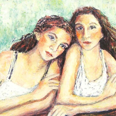 Sisters Head on Shoulders, fine art card with quote SD24