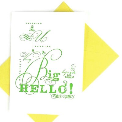 Hello card in green ink, card RAER53