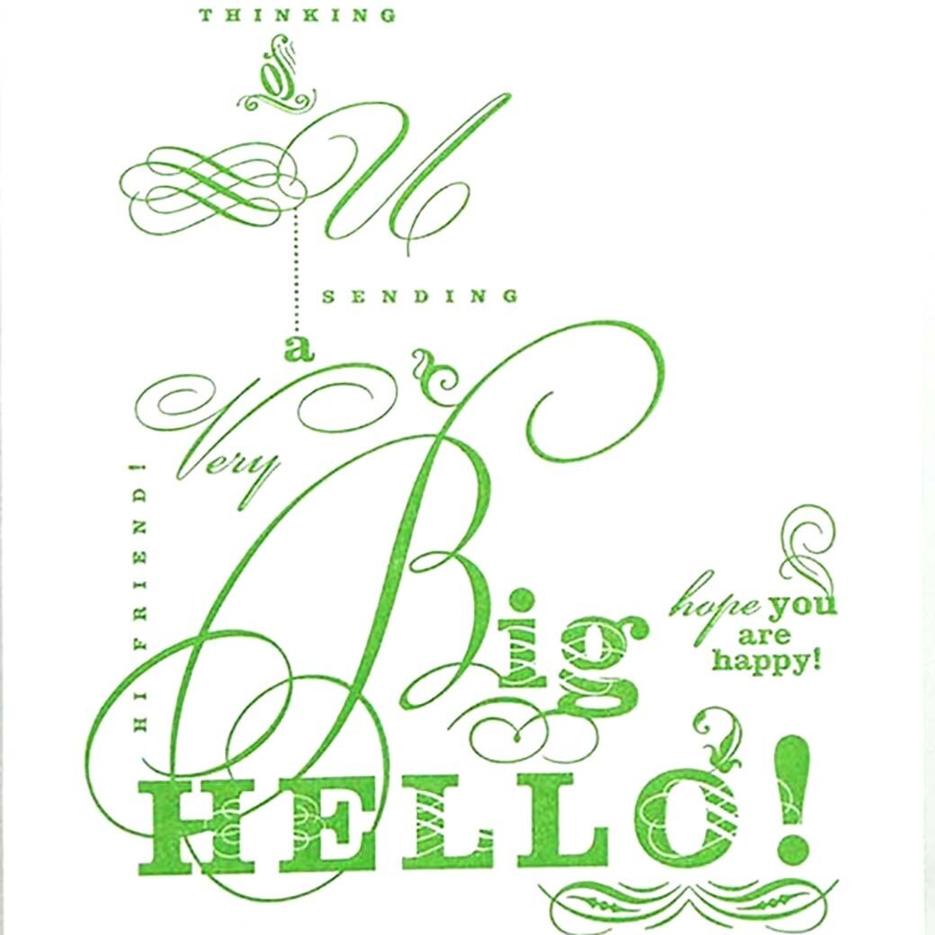 Hello card in green ink, card RAER53