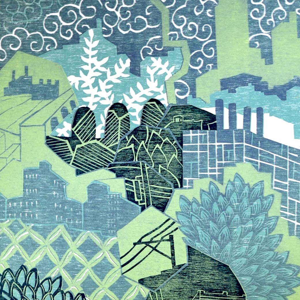 Daydream in Green Cityscape, woodblock print IMPL140