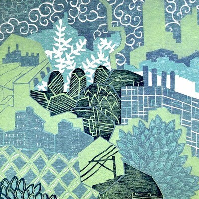 Daydream in Green Cityscape, woodblock print IMPL140