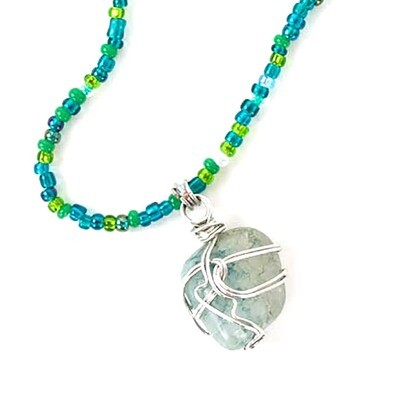 Grey Silver Wire Greens/Blues Beads, necklace MARE018