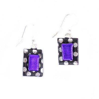 Silver Dots with Purple, rectangle earrings VINK788