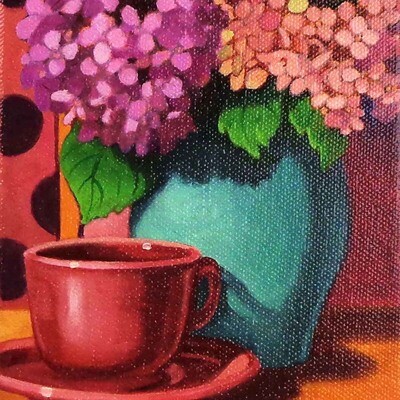 Hydrangea with Red Teacup, oil on canvas MILE103