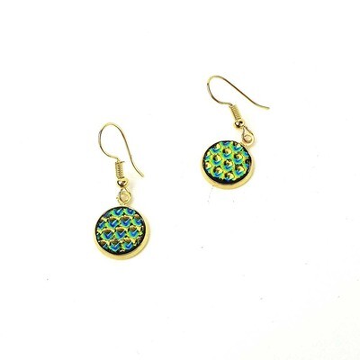 Golden Blue Green on Gold, glass earrings VINK832