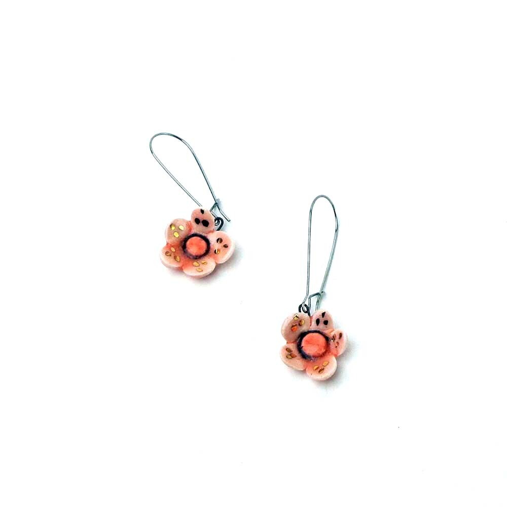Peach Flowers with Golden Speckles, ceramic earrings SNYB074