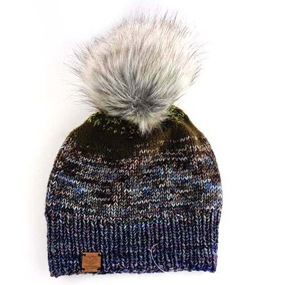 Blues with Chartreuse with Silvery White Fur Puff, knit hat EWIV098
