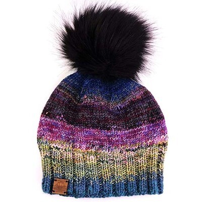 Jewel Tones with Black Fur Puff, knit hat EWIV099