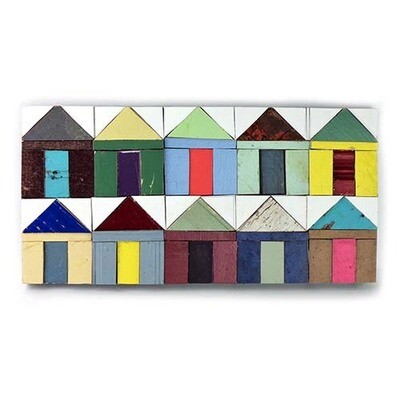 Tiny Village, found wood painting PETL55