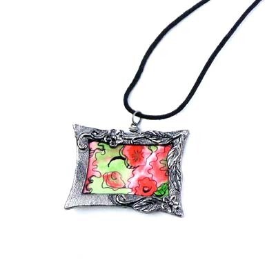 Poppies in Rectangle, double-sided pendant BARJ153
