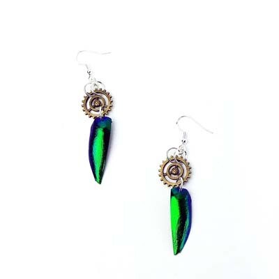Iridescent Insect Wings with Steampunk Gears, earrings KOSC020