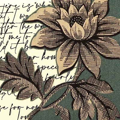 Line Drawing: Flowers over Writing, textile collage card HIRC242