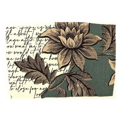 Line Drawing: Flowers over Writing, textile collage card HIRC242
