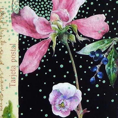 Midnight Garden 14, collage on vintage postcard ENDE205