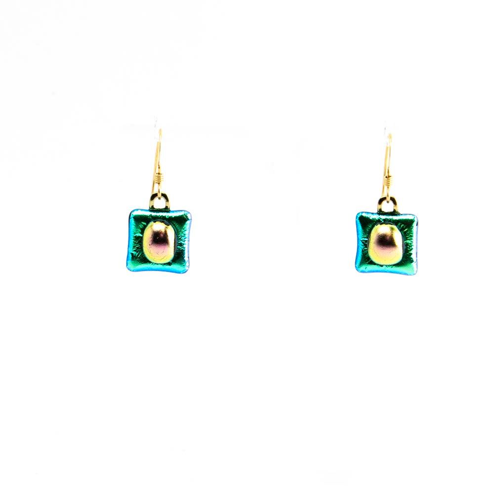 Teal Squares with Pearl on Top, glass earrings VINK819