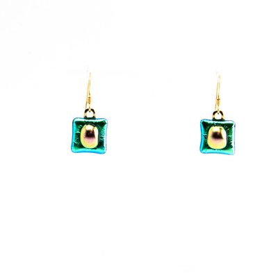 Teal Squares with Pearl on Top, glass earrings VINK819