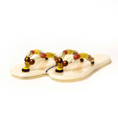 Flip Flops: Cream with Yellow Beads, glass VINK957