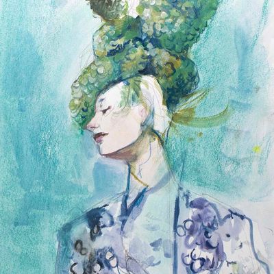 Hydrangea Hat, mixed media painting SPED149