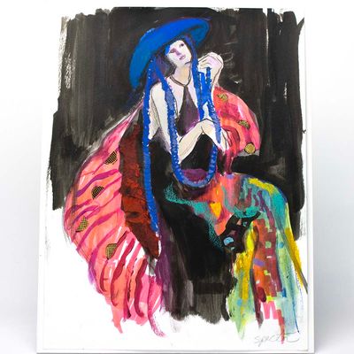 Blue Hat &amp; Colored Garb, mixed media painting SPED151