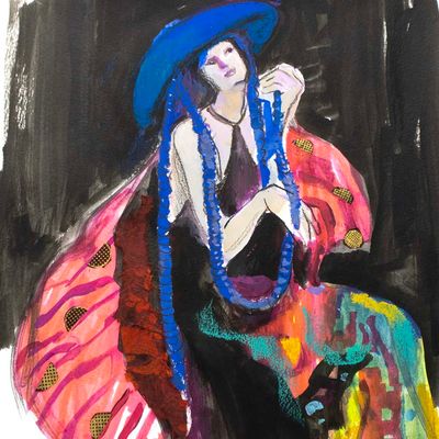 Blue Hat &amp; Colored Garb, mixed media painting SPED151