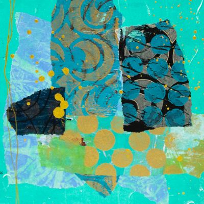 Aqua Handmade Paper Collage, card AROS061