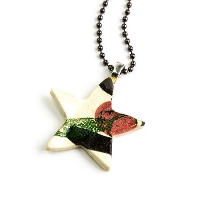 Pink, Green Star, ceramic necklace LAPR469