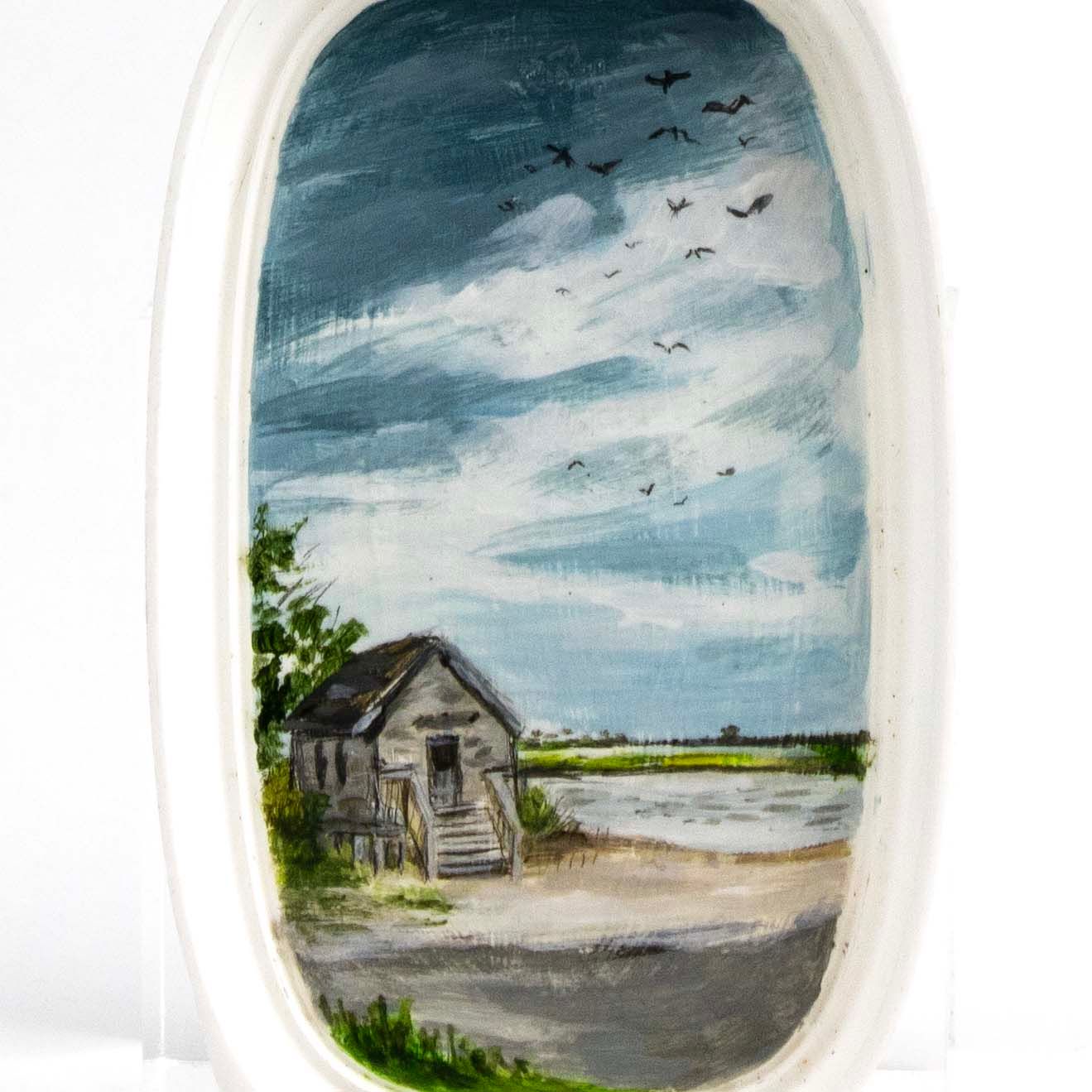 The Shack on Assateague Island, painting on plastic lid BARJ183