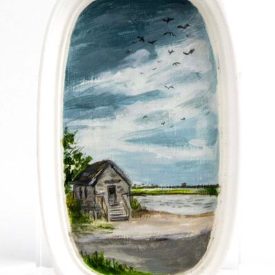 The Shack on Assateague Island, painting on plastic lid BARJ183