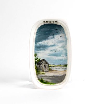 The Shack on Assateague Island, painting on plastic lid BARJ183