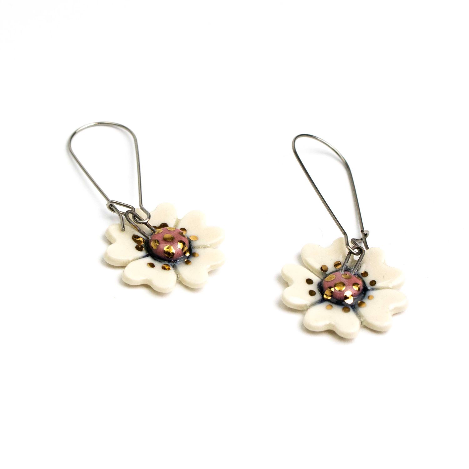 White Flower with large loop, ceramic earrings SNYB098