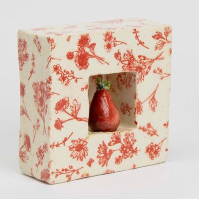 Sacred Red Pear with Red Pattern Tile, ceramic CHAE55