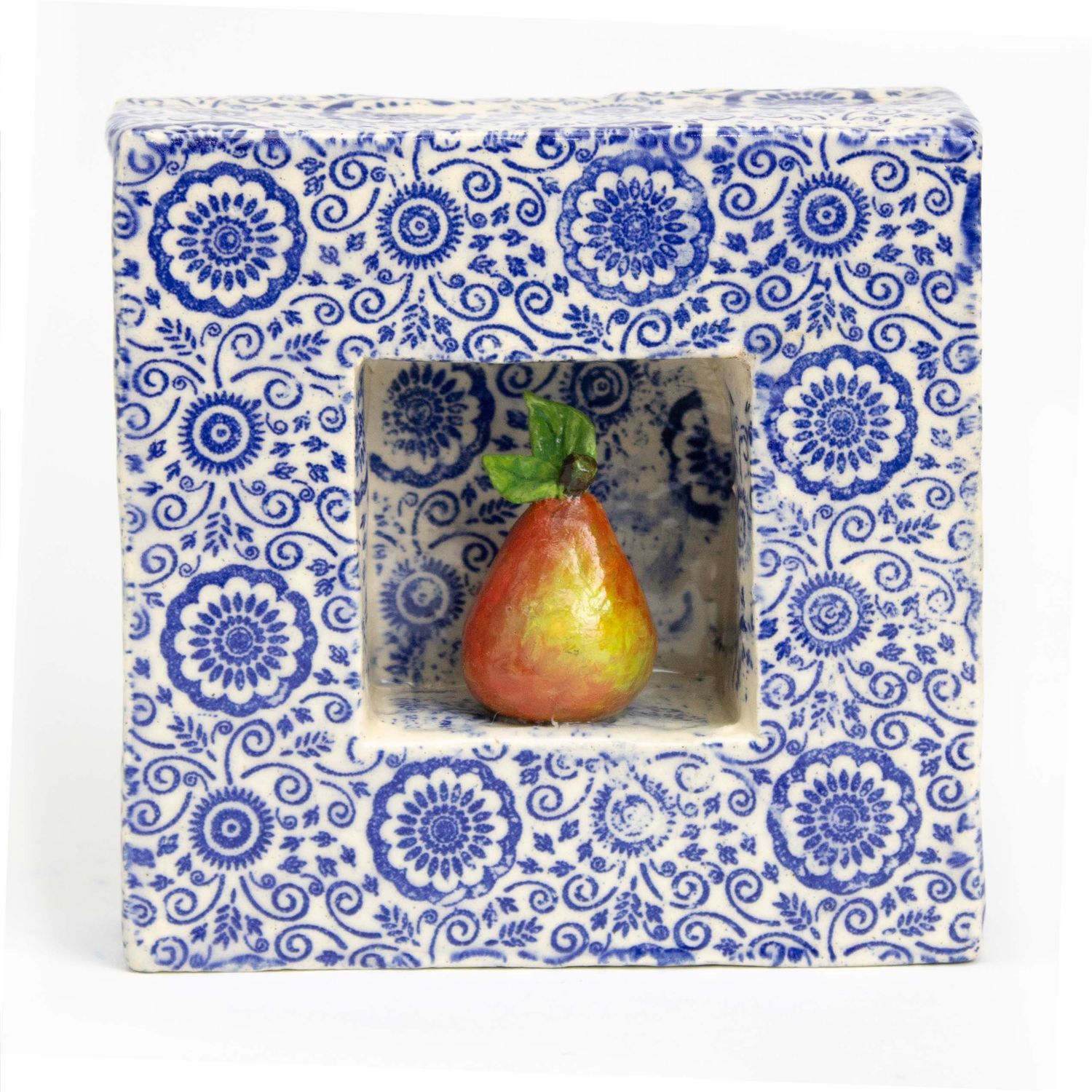 Sacred Red Pear with Blue Pattern Tile, ceramic CHAE56