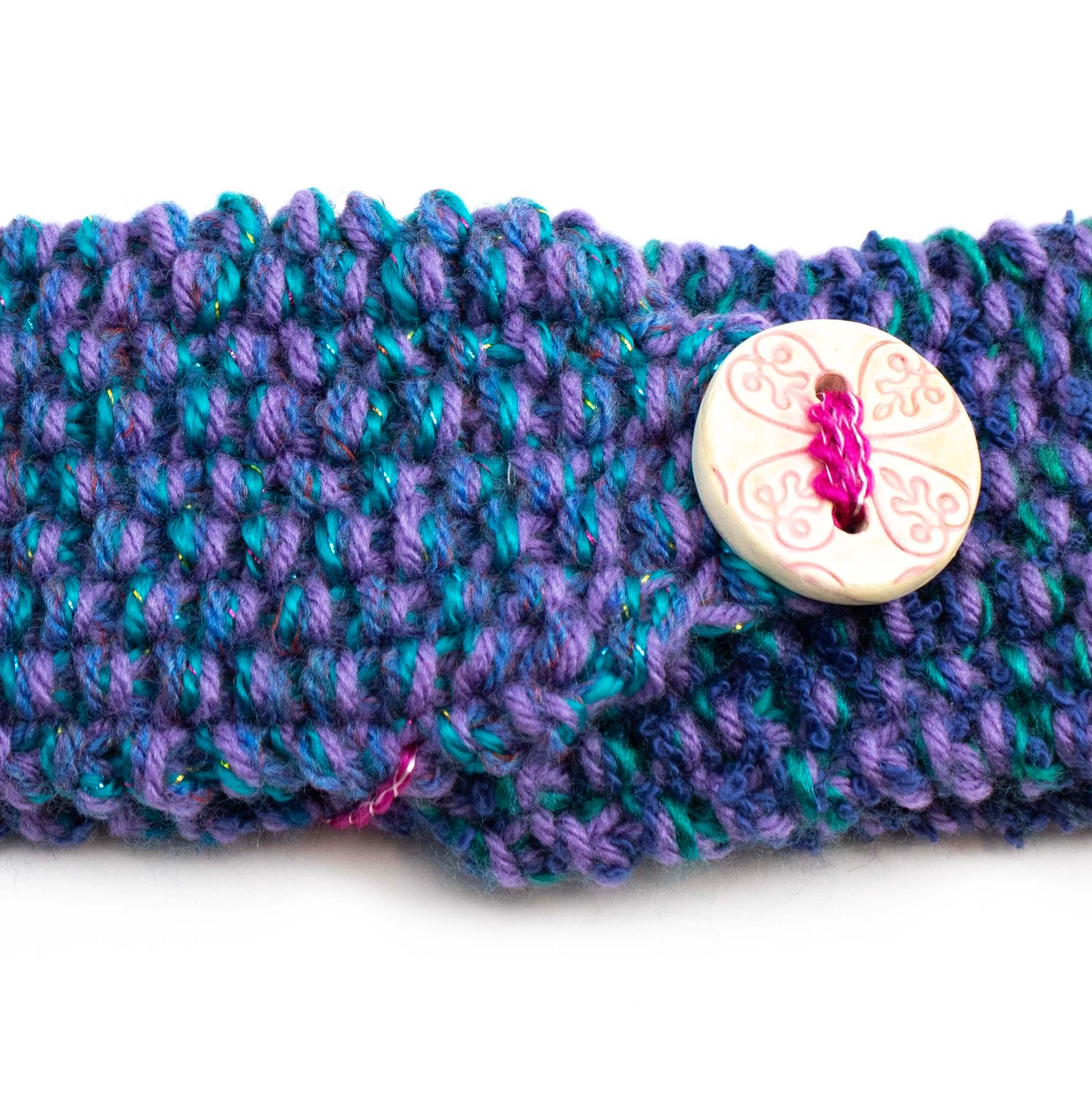 Turquoise and Purple, handknit headband HIRC353