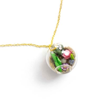 Pink Rose Miniature Terrarium in Glass, necklace MOHL082