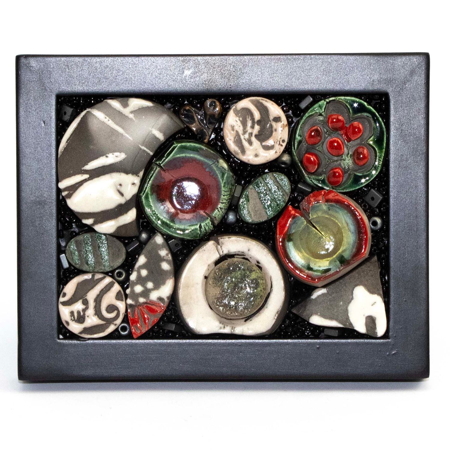 Black, White, Red, Green Mosaic, glass on wood MAHP116
