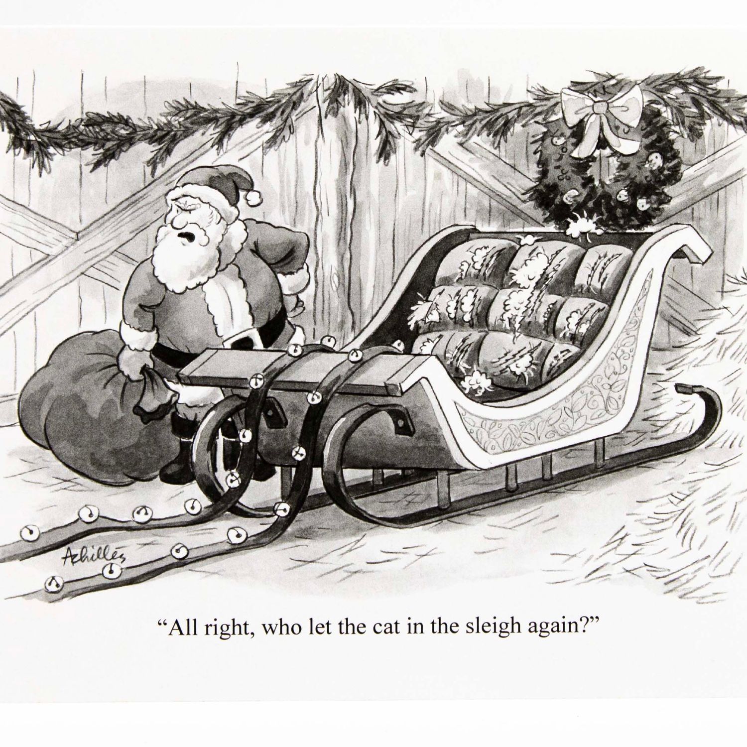 Santa Cat in Sleigh, holiday card ACHP130