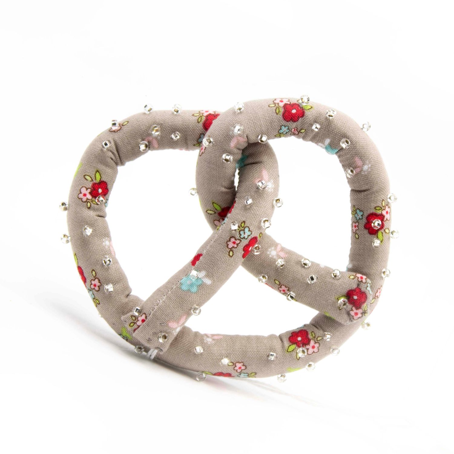Red Flowers on Gray Pretzel, soft sculpture HIRC235